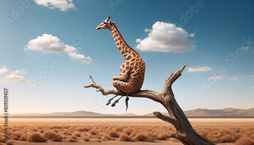 scene of a giraffe sitting on a dry tree branch in the middle of a desert. The blue sky and fluffy clouds add a surreal and playful touch to the landscape.