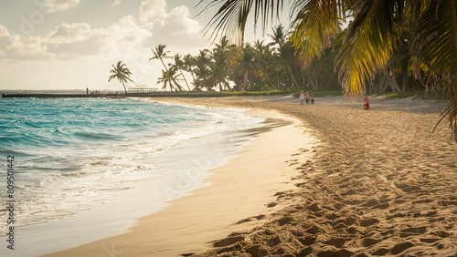 Summer Beach background  A stunning beach photo set during a hot summer day. The sun casts a warm golden glow  and palm leaves sway gently in the breeze