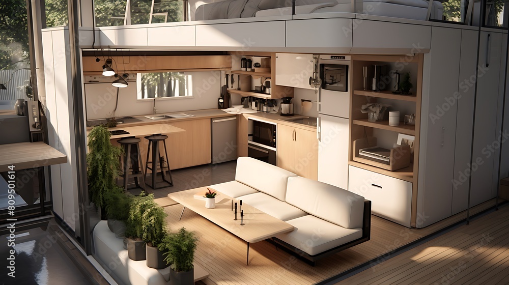 Scene of an Avant-Garde Tiny Home Nestled in a Modern Urban Landscape Scene of an Avant-Garde Tiny Home Nestled in a Modern Urban Landscape