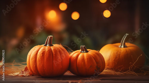 Autumn background with pumpkins on wooden floor  Thanksgiving background theme