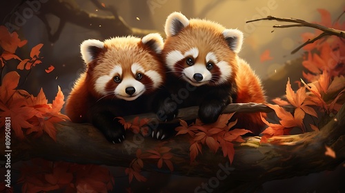 Scene of Two Adorable Red Pandas Playing in a Lush Bamboo Forest