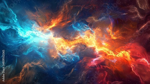 Vibrant cosmic energy surge with dynamic interplay of electric blues and fiery reds. Magnetic storm in outer space. Concepts of cosmos, energy, abstract, fantasy background and dynamic flow.