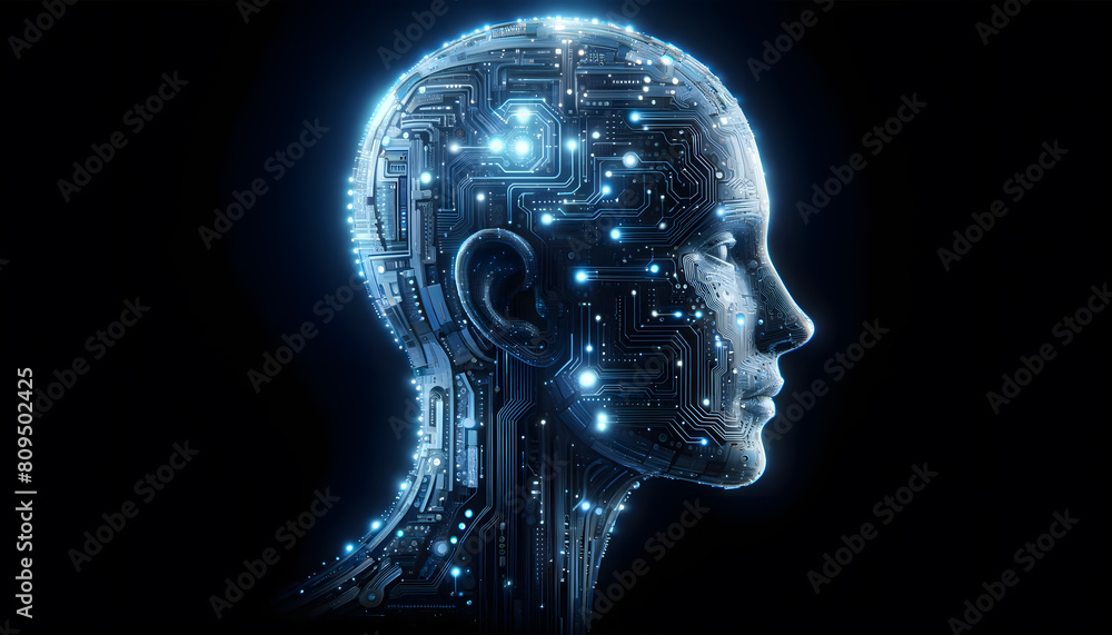 a human head profile made entirely of electronic circuits and glowing components in a cool blue color scheme. a human head profile made entirely of electronic circuits and glowing components in a cool blue color scheme.