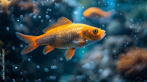 Vibrant orange fish swimming in a blue water aquarium.