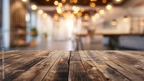 Wood table top and blurred bokeh office interior space background - can used for display or montage your products. hyper realistic 