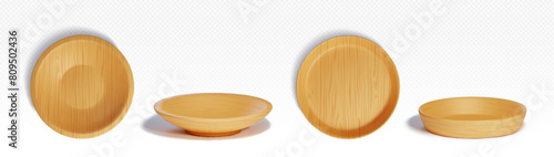 Wooden kitchen cutlery realistic 3d vector illustration set. Empty eco tableware with brown wood texture - side and top view on bowl plate and tray. Ecological bamboo dishware of circular shape.