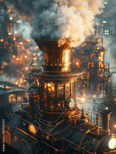 Steam engine, top hat, revolutionary invention, a bustling factory, smog, realistic, golden hour, depth of field bokeh effect