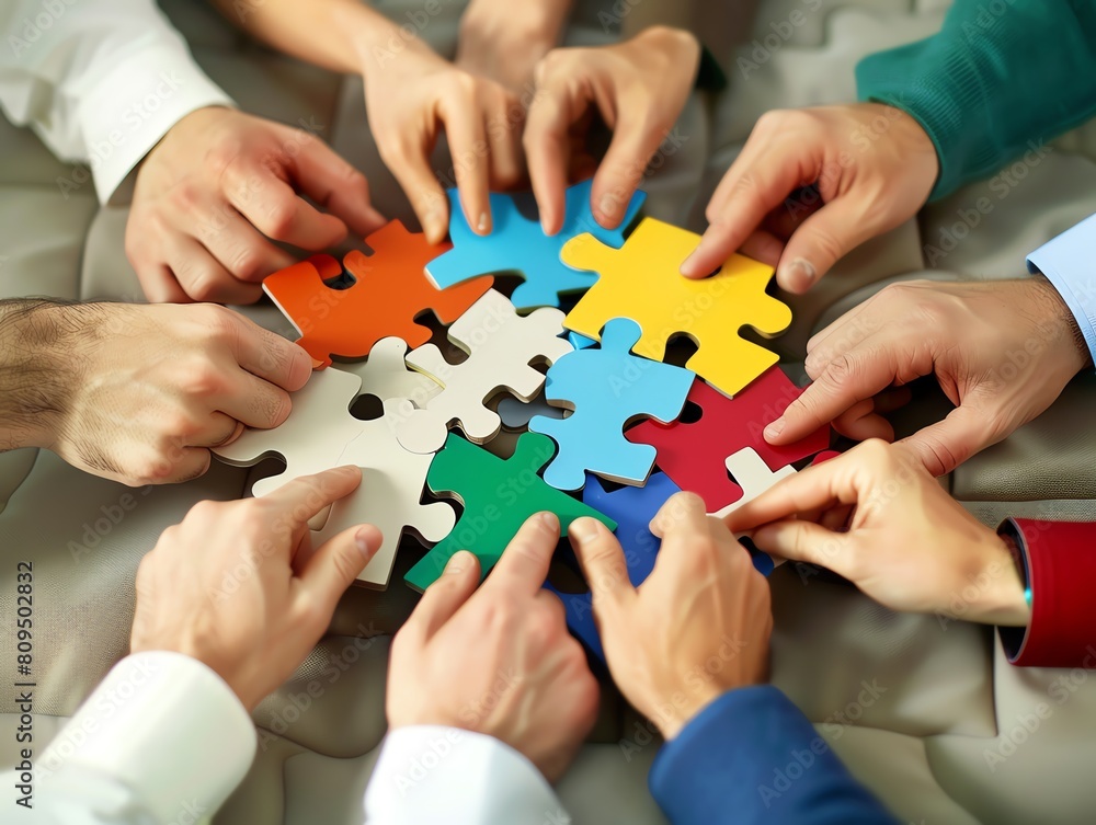 A group of diverse hands holding puzzle pieces of different colors, fitting them together. Teamwork, unity, and collaboration concept. A group of diverse hands holding puzzle pieces of different colors, fitting them together. Teamwork, unity, and collaboration concept.