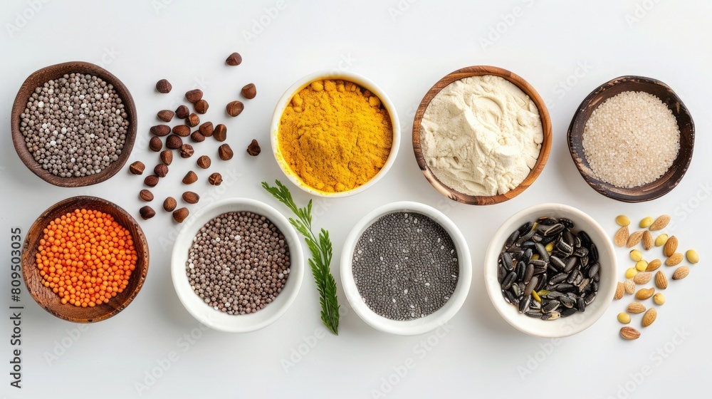 Set of products rich in amino acids on white background