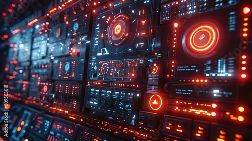 Futuristic control panel with glowing red and blue lights