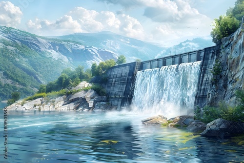 Majestic Hydroelectric Dam with Cascading Waterfall in Breathtaking Mountain Landscape