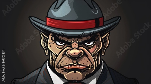 A logo for a business or sports team featuring a fictional caricature of a mean mob mafia boss that is suitable for a t-shirt graphic. hyper realistic 