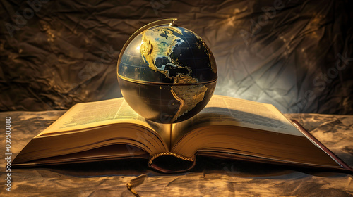 Picture a captivating tableau where a world globe takes center stage, poised atop round book pages as a poignant symbol of education and global awareness