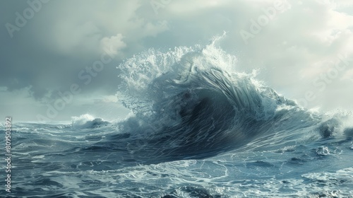A massive wave crashes in the water on a cloudy day  stirred up by the wind. The fluid movement of the wave creates a mesmerizing event in the vast ocean hyper realistic 
