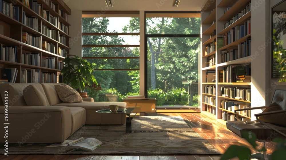 Bookcase with books in a modern house. Generative AI hyper realistic 