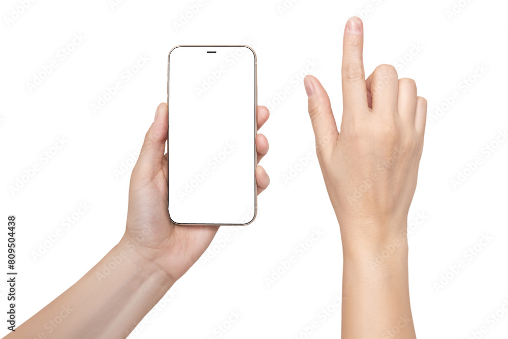 A woman's hand holds a phone Mockup and the second hand with a finger presses a button or scrolls. Isolated on white background A woman's hand holds a phone Mockup and the second hand with a finger presses a button or scrolls. Isolated on white background