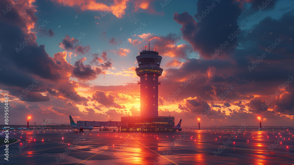 Air Traffic Coordination - Views of the control tower with employees coordinating air traffic, with planes taking off and landing at sunset. Air Traffic Coordination - Views of the control tower with employees coordinating air traffic, with planes taking off and landing at sunset.