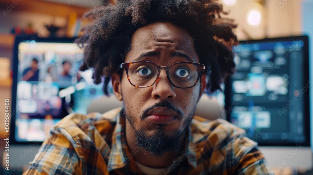 African American Man Editing Video in Modern Office: Shocked and disconcerted expression, Video editing, modern office, curly hair glasses African American Man Editing Video in Modern Office: Shocked and disconcerted expression, Video editing, modern office, curly hair glasses