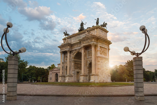 Milan city, Italy. Arch of Peace (Arco della Pace) at sunset, Simplon square (piazza Sempione). Dedicated to peace among European nations reached in 1815, inaugurated in 1838
