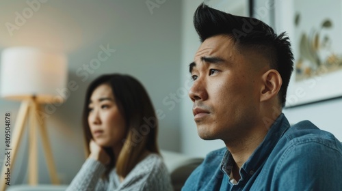 Asian man and woman sitting on couch, listening thoughtfully, concerned expressions, casual clothing, indoor setting, neutral colors, lamp and framed artwork in background, focus on man in foreground © Matthew
