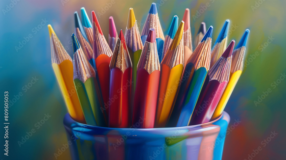 Visualize a captivating arrangement of vibrant artistic colored pencils nestled in a multi-hued cup, ready for creative projects Visualize a captivating arrangement of vibrant artistic colored pencils nestled in a multi-hued cup, ready for creative projects