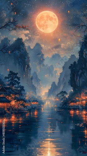 Night view of ancient Chinese village and river at night with full moon