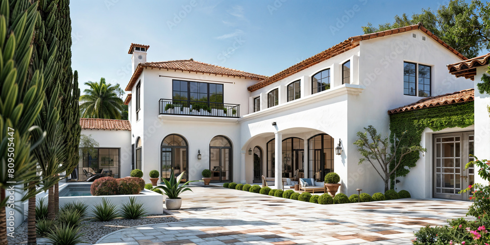 Fototapeta premium Modern Mediterranean Villa: Create a contemporary interior inspired by Mediterranean architecture, with whitewashed walls, terracotta tile floors, and breezy, open spaces that blur the lines between i