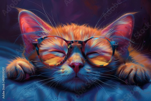 Cute sleeping kitten with glasses on the theme of International Cat Day photo