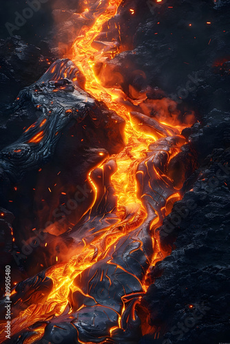 Mesmerizing Lava Flowing Down Rugged Mountainside,Radiating Primal Power and Intensity in Dramatic Chiaroscuro Lighting