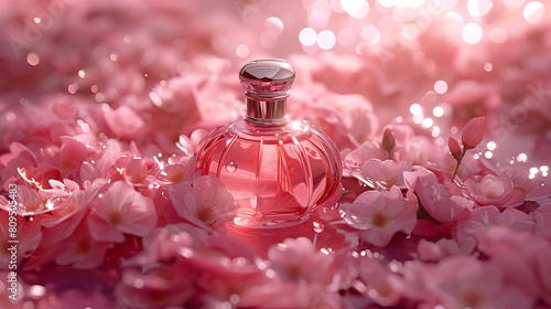 Visualize a captivating tableau where a bottle of perfume is showcased amidst a sea of pink flowers, its presence commanding attention and admiration