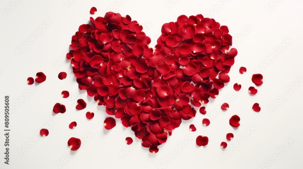 Red rose petals in the shape of a heart on white background Red rose petals in the shape of a heart on white background