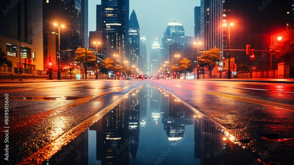 Urban street with wet asphalt, neon lights reflection, and smoky atmosphere in a dark city scene