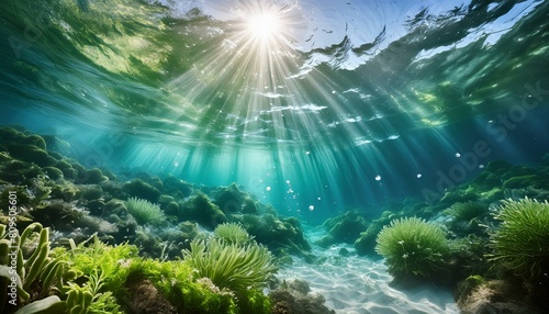 an underwater seascape with swirling blues and greens, incorporating elements like floating bubbles and distant light shafts to enhance the deep-sea ambiance photo