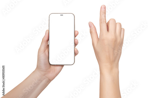 A woman's hand holds a phone Mockup and the second hand with a finger presses a button or scrolls. Isolated on png or transparent background photo