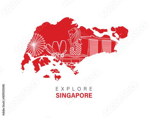 Explore Singapore.  map with singapore skyscrapers . World tourism day