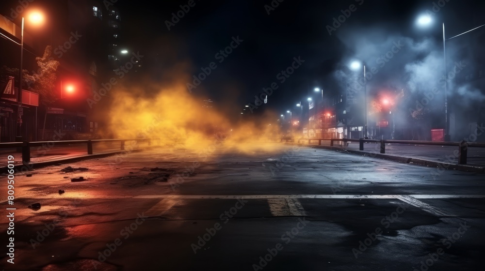 Neon reflection on wet asphalt street at night with urban cityscape and dark background