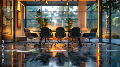 Large meeting room with many chairs around desk behind glass wall, hyper realistic  © Business Pics