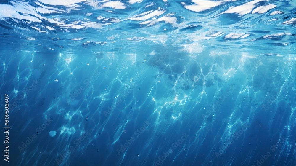 Underwater background with ripples and bubbles. Blue water surface.