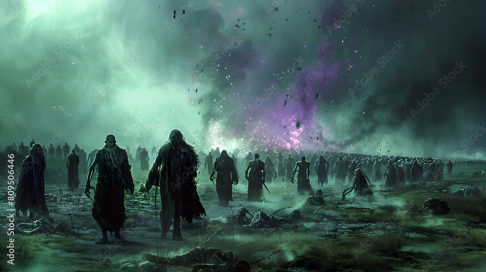 Necromancer Raises Skeletal Army from Desolate Ashen Battlefield Amid Pulsing Eerie Green Energy in Dark Digital Art with Romantic Macabre Themes Necromancer Raises Skeletal Army from Desolate Ashen Battlefield Amid Pulsing Eerie Green Energy in Dark Digital Art with Romantic Macabre Themes