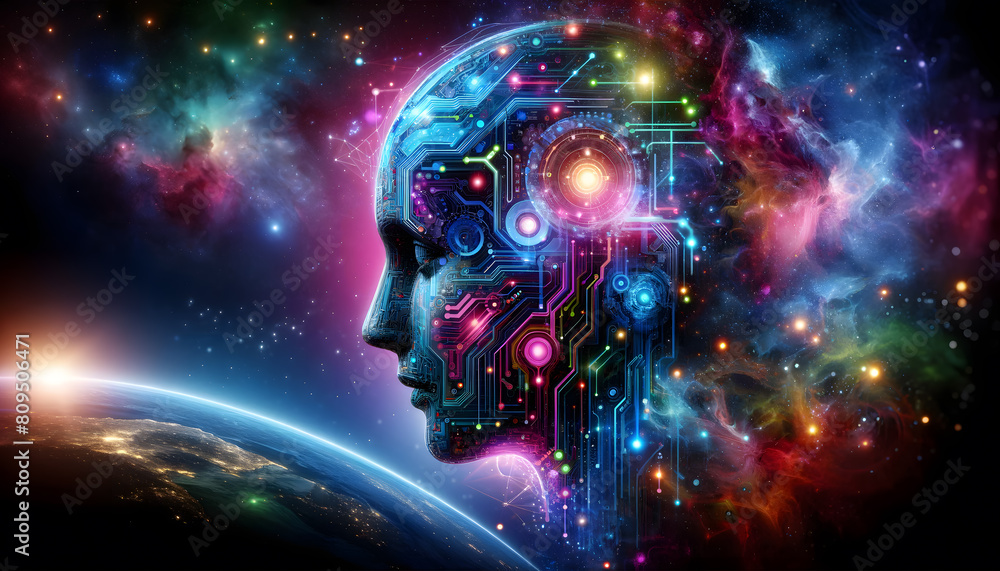 a human head profile made entirely of electronic circuits and glowing components in a cool blue color scheme. a human head profile made entirely of electronic circuits and glowing components in a cool blue color scheme.