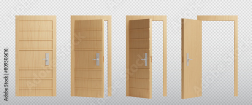 Closed, ajar and open wooden front door. Realistic 3d vector illustration set of sequence step of entrance opening. House or office interior element with light wood texture. Doorway with handle mockup
