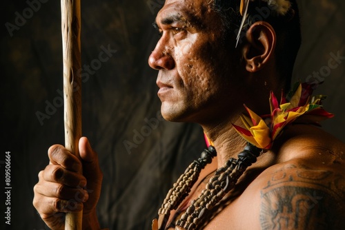 a side profile of an hawaiian native warrior holding a spear