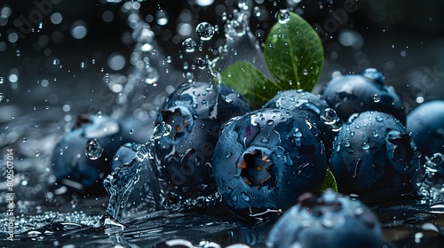 Vibrant Blueberries Plunging into Sleek Black Water,Creating Stunning Splashes and Intricate Patterns