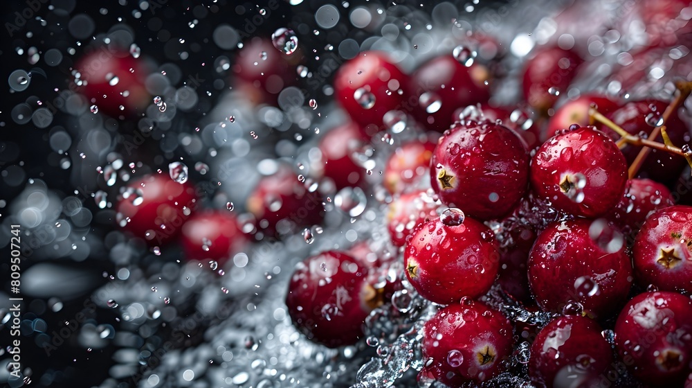 Ripe Cranberries Cascading into Reflective Black Water with Colorful Splash Patterns Ripe Cranberries Cascading into Reflective Black Water with Colorful Splash Patterns