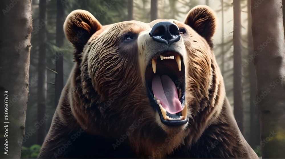 Close-up of a wild brown bear roaring in the forest. Close-up of a wild brown bear roaring in the forest.