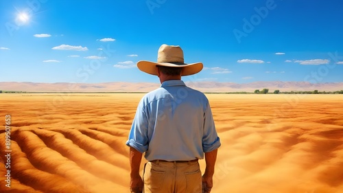 Farmer in straw hat standing on the field and looking at the horizon © Naksh