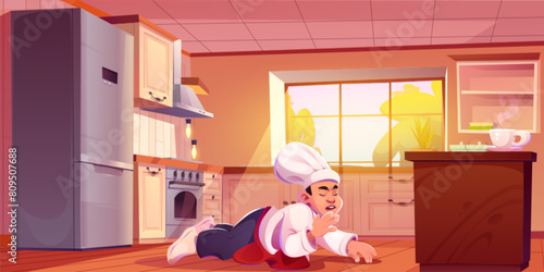 Chef in uniform and hat laying on floor of kitchen. Cartoon vector illustration of Asian man cooker feel bad or in danger. Restaurant professional male cook master fell down with pain face emotion.