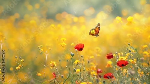 Beautiful Spring Summer Landscape with wild yellow flowers and red poppy flowers against the blue sky. Natural summer panorama. A picturesque colorful artistic image with a soft focus