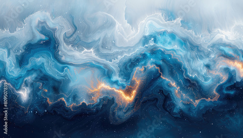 Abstract blue and white background with swirling fluid shapes. Created with AI