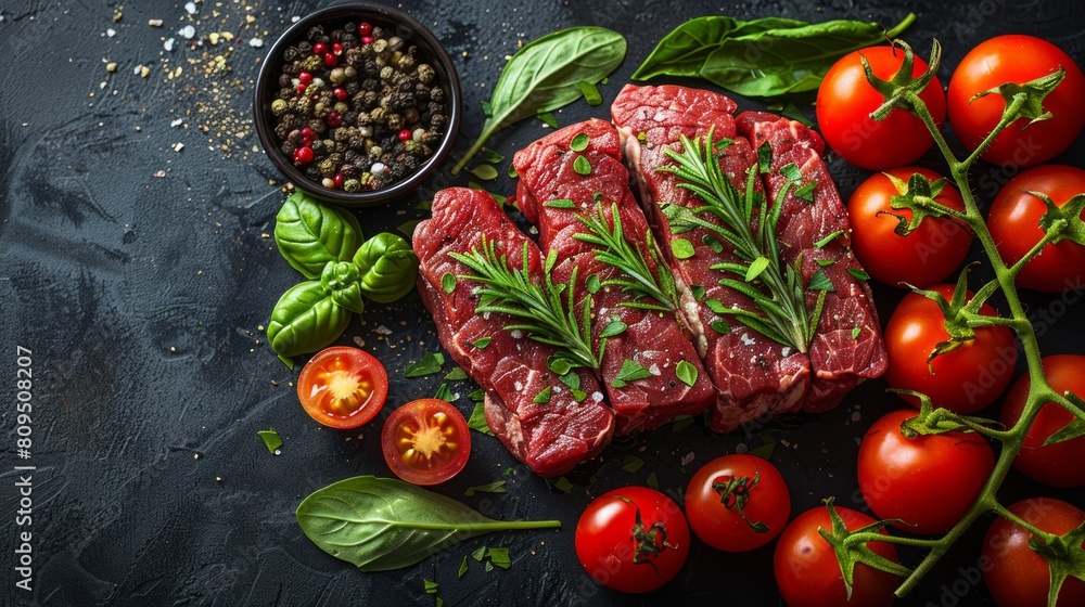 Raw steaks prepared for grilling, surrounded by fresh tomatoes. Raw steaks prepared for grilling, surrounded by fresh tomatoes.